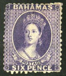 Bahamas #14 (SG 31) Cat£160, 1863 6p deep violet, hinge remnant, usual perfo...