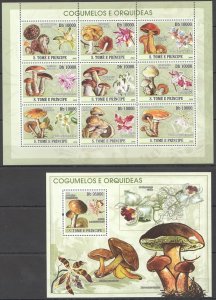 O0057 2008 Sao Tome & Principe Mushrooms & Orchids Kb+Bl Mnh