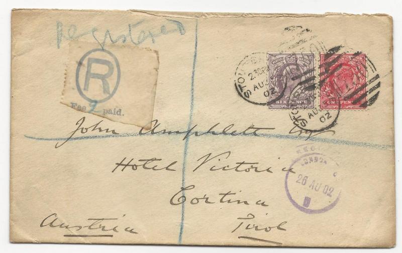 Great Britain Scott #128 #135 w/ Transit Stamps on Registered Cover Aug 25, 1902