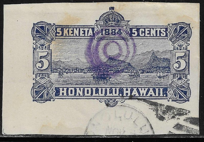E392  1884 5c Keneta Hono Lulu Hawaii Cut Square  Used