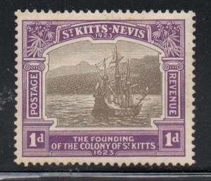 St Kitts-Nevis Sc 53 1923 1 d 300th Anniv ship stamp mint