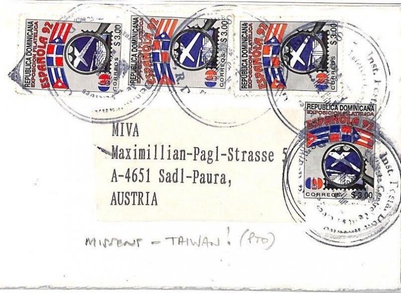 Dominican Republic*MISSENT TAIWAN*Taipei Missionary Cover MIVA Austria 1992 CF12