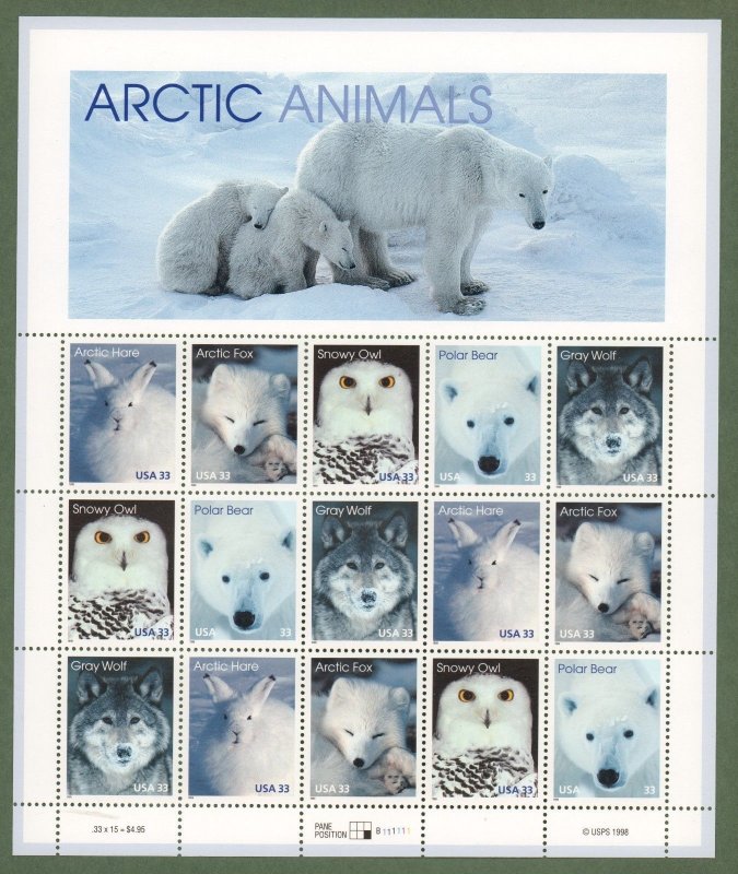 3288-3292    Arctic Animals  MNH 33¢  Sheet of 15   Issued in 1999