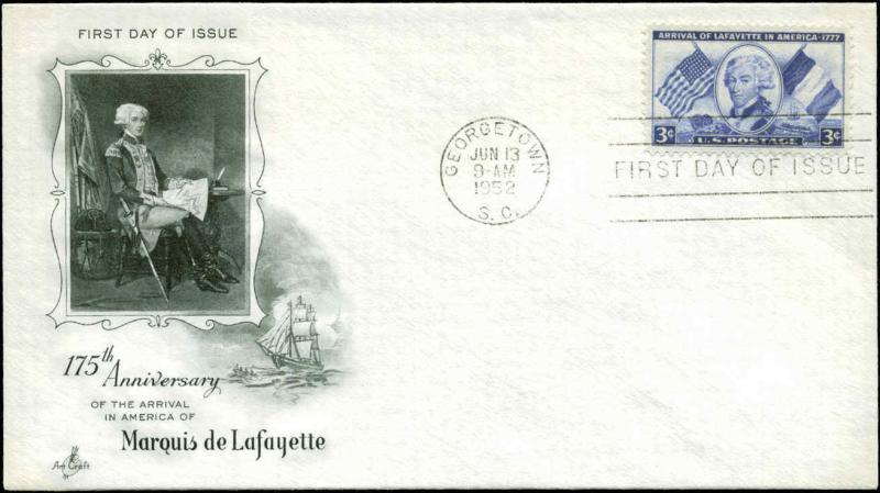 U.S. FDC #1010  Artcraft Cachet Georgetown, SC Lafayette   Unaddressed