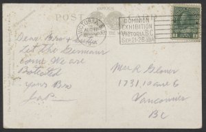 1914 Victoria BC Dominion Exhibition Slogan On Post Card to Vancouver