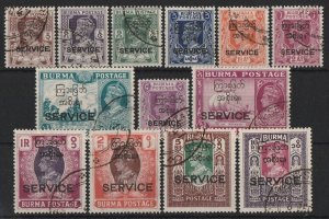 BURMA 1947 'SERVICE' on Interim Govt KGVI set 3p-10R. SG O41-O53 cat £150.