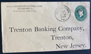 1893 Doylestown PA USA Stationery Cover To Trenton banking Co Trenton NJ