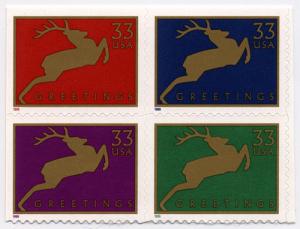 1999 33c Christmas Greetings Deer, Block of 4 Scott 3360-3363 Mint F/VF NH