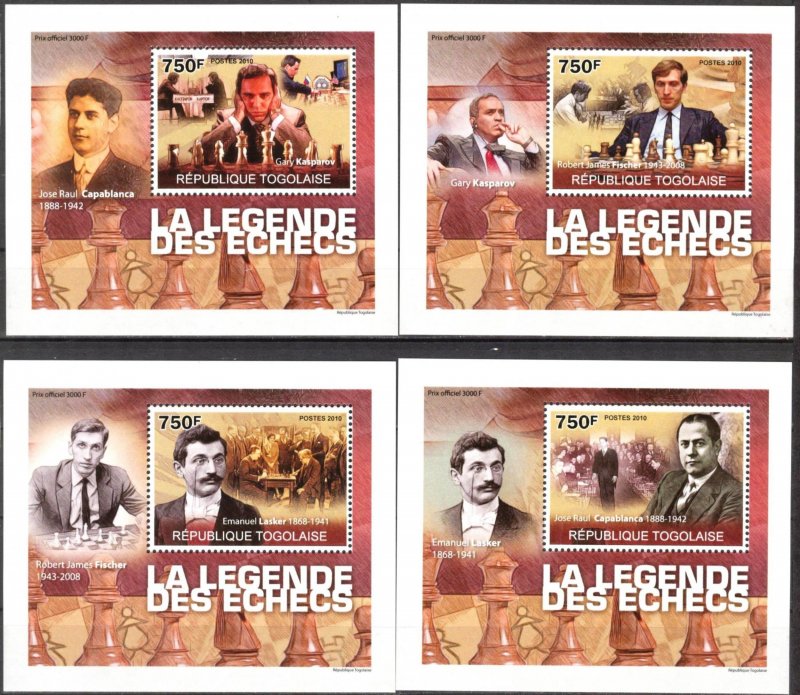 {084} Togo 2010 Chess Legends 4 S/S Deluxe MNH**