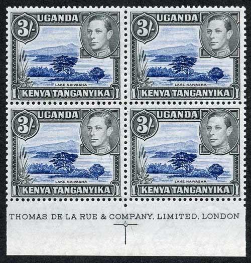 KUT KGVI SG147ac 3/- Deep Violet Blue & Black Perf 13 x 12.5 U/M Imprint Block