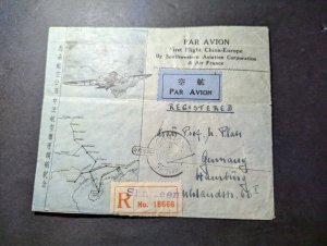 1936 Registered China Airmail First Flight Cover FFC Shaneen to Hamburg Germany