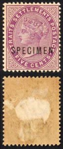 Straits Settlements SG100s 5c Magenta Opt Specimen M/M (hinge remainder)