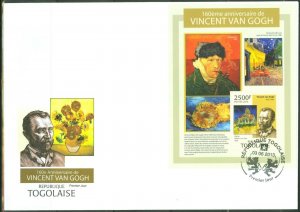 TOGO 2013 160th BIRTH ANNIVERSARY OF VINCENT VAN GOGH  S/S FDC