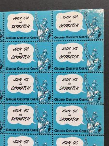 1950's Skywatch Label Cinderella Stamp Sheet - Ground Observer Corps