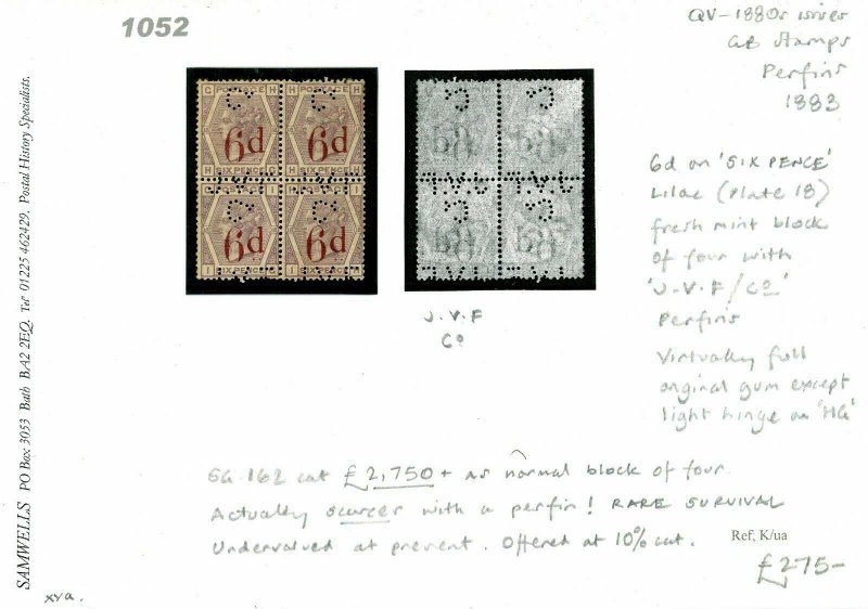 GB 6d Lilac Plate 18 BLOCK of 4 *JVF* PERFIN SG.162 Cat £2,750 1883 1052