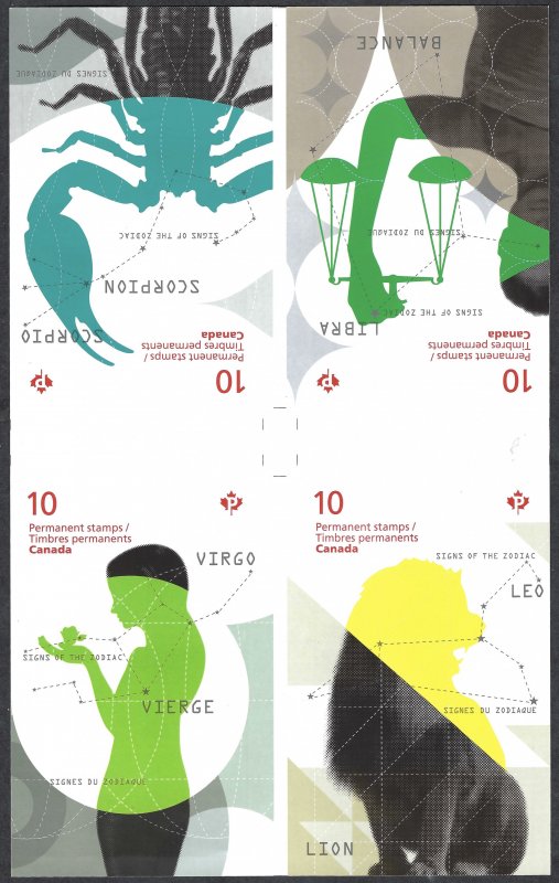 Canada #2456b P Signs of the Zodiac (2012). Gutter pane of 24. 4 designs. MNH