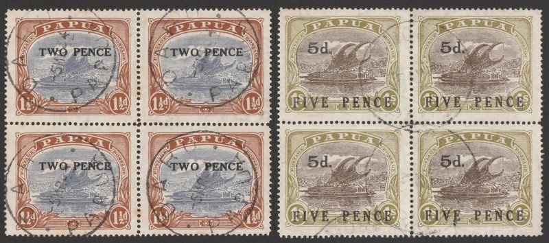 PAPUA 1931 Lakatoi surcharge 2d on 1½d Ash printing & 5d on 1/-. block 