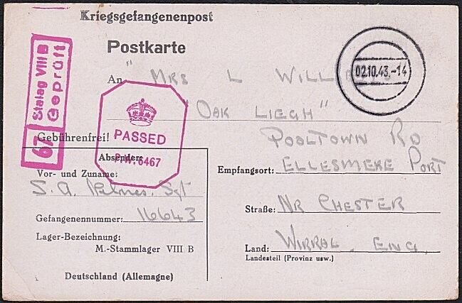 GB POW IN GERMANY 1943 POW postcard ex Stalag VIIIB to UK - censor.........C1221