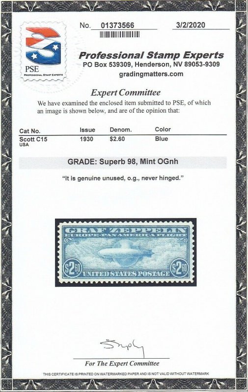 C15 Superb PSE cert. graded 98 OG never hinged nice color WOW  ! see pic !