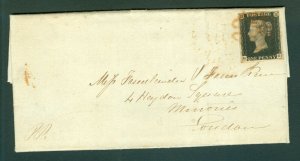 SG 2 1840 1d black plate 8 lettered GG on entire from Woodbridge, Suffolk... 