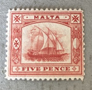 Malta 16 / 1899 5p Red Ancient Galley Stamp, Unused