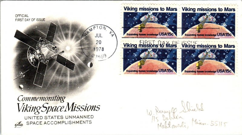 US 1759 Viking Mission Block of Four Artcraft Pencil FDC