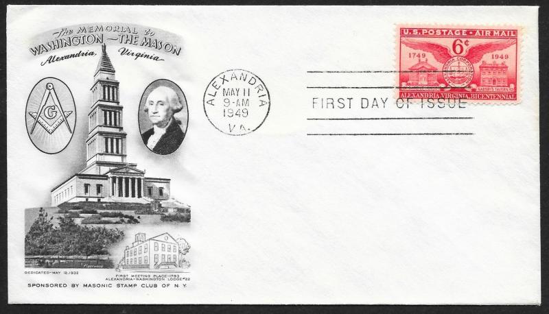 UNITED STATES FDC 6¢ Alexandria Virginia 1949 Masonic Stamp Club