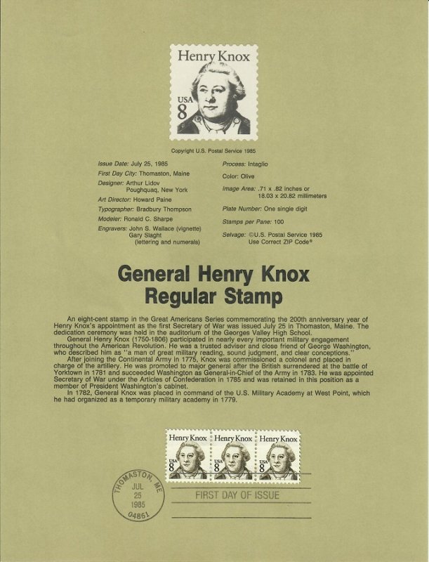 US SP510 Henry Knox Souvenir Page #1851