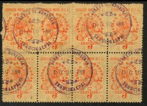 HONDURAS 1897 5c Orange Documentary Tax Revenue w Control Handstamp BLOCK 8 MH