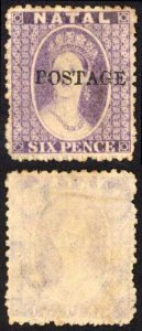 Natal SG83 6d Violet Wmk CC Opt POSTAGE (Davis) Mint no gum Cat 85 pounds