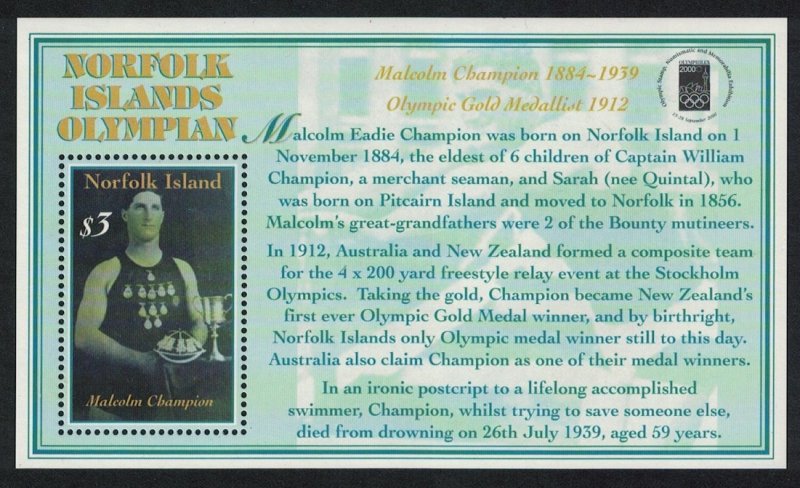 Norfolk 'Olymphilex 2000' Stamp Exhibition Sydney MS 2000 MNH SC#709 SG#MS737