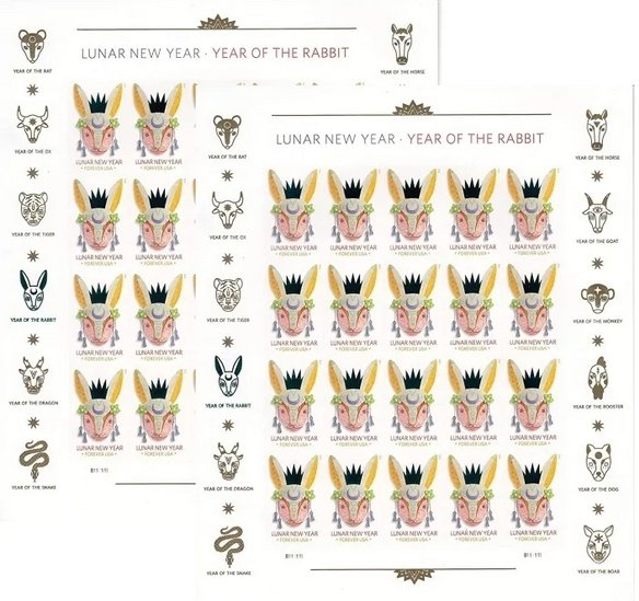 Lunar New Year forever stamps  2023 Year of The Rabbit, 5 Sheets of 20 ， 100pcs