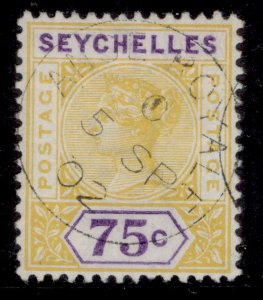SEYCHELLES QV SG33, 75c yellow & violet, VERY FINE USED. Cat CDS