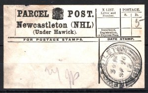 GB Scotland KGV PARCEL POST LABEL *NEWCASTLETON*Hawick Roxburghs CDS 1912 SS3679