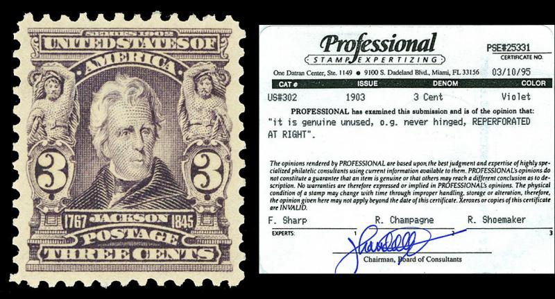 Scott 302 1903 3c Jackson Regular Issue Mint VF OG NH Cat $140 with PSE CERT!