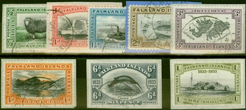 Falkland Islands 1933 Centenary Set of 8 to 1s SG127-134 V.F.U on Pieces 1 1/...