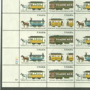 US #2059-62 20¢ Streetcars, Complete sheet of 50, og, NH, VF