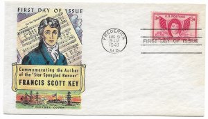 US 962 (Me-17) 3c Francis Scott Key FDC Fluegel Multi-Color Cachet ECV $26.50