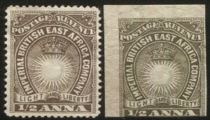 BRITISH EAST AFRICA 1890 1/2a QV MNG, Sc 14 Perf & Imperf; SG 4,4a,