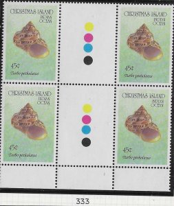 Christmas Island #333  45c Sea Shells  (MNH) gutter block of 4 CV $7.50