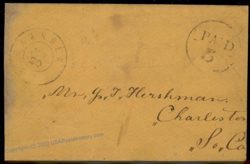 CSA 1862 Camden SC Civil War Confederate Paid 5 Stampless Cover 92696