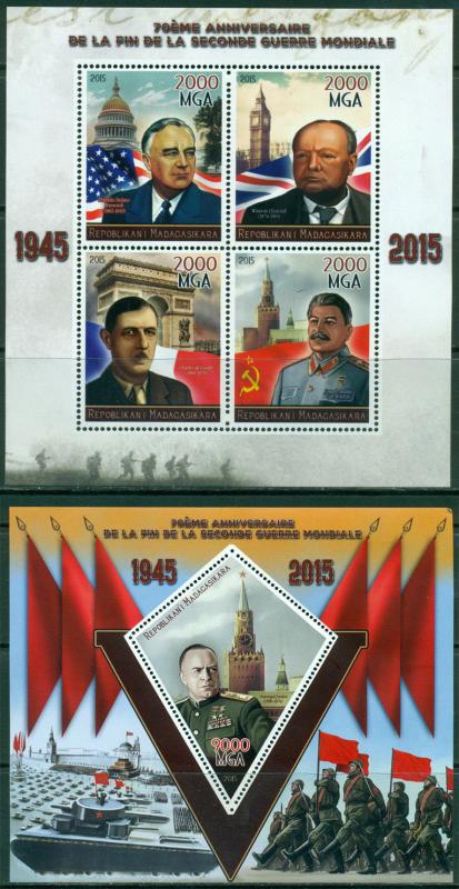 World War II Stalin Churchill de Gaulle Madagascar MNH stamp set 4val sht + s/s