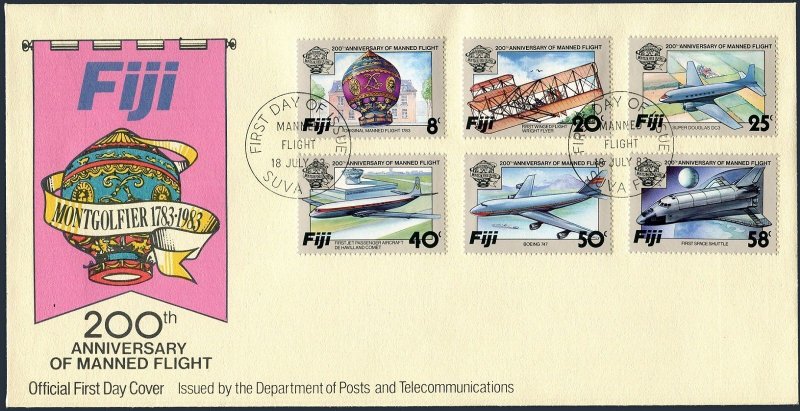 Fiji 489-494, FDC. Mi 483-488. Manned Flight-200, 1983. Balloon, Plane, Space.