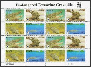 Palau 2002 WWF CROCODILE 4 Strips of 4 values (16v) Perforated Mint (NH)