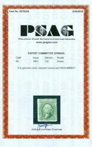 EDW1949SELL : USA 1861 Sc #68 Used Expertly cleaned & regummed. PSAG Certificate