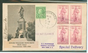 US 777 1936 3c Rhode Island Tercentenary (Roger Williams) block of four on an addressed special delivery first day cover with th