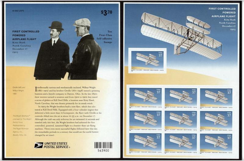 SC#3783 37¢ First Flight of Wright Brothers Pane of Ten (2003) SA