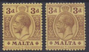 MALTA 1914 KGV 3D - 2 DIFFERENT COLOURED BACKS WMK MULTI CROWN CA