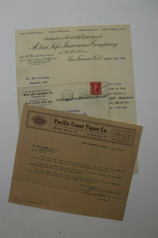 Aetna Life Insurance Co San Fran CA 1904 Pacific Coast Paper Co Letterhead