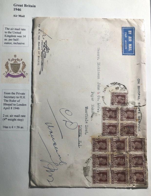 1946 Bhopal India State Service Official Airmail Cover To London England